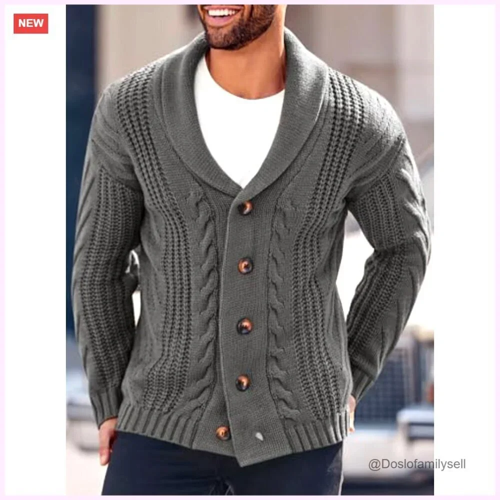 Men's Cable Knit Cardigan Shawl Collar Loose Fit Long Sleeve Sweater